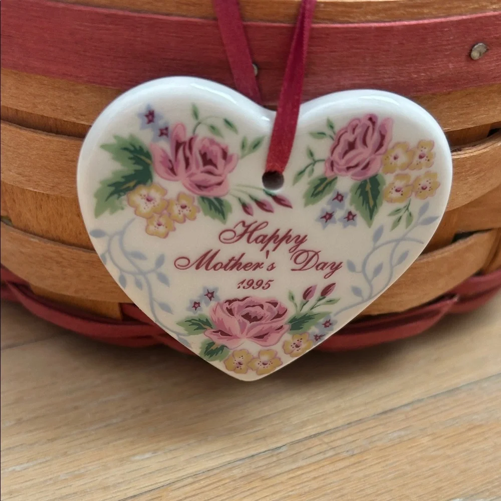 Longaberger Brown Basket with Floral Lining and Heart Tag